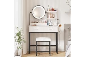 Vabches Makeup Vanity with Round Mirror and Lights, White Vanity Makeup Table with Charging Station, Small Vanity Table for Bedroom, 3 Lighting Modes, 31.5in(L)