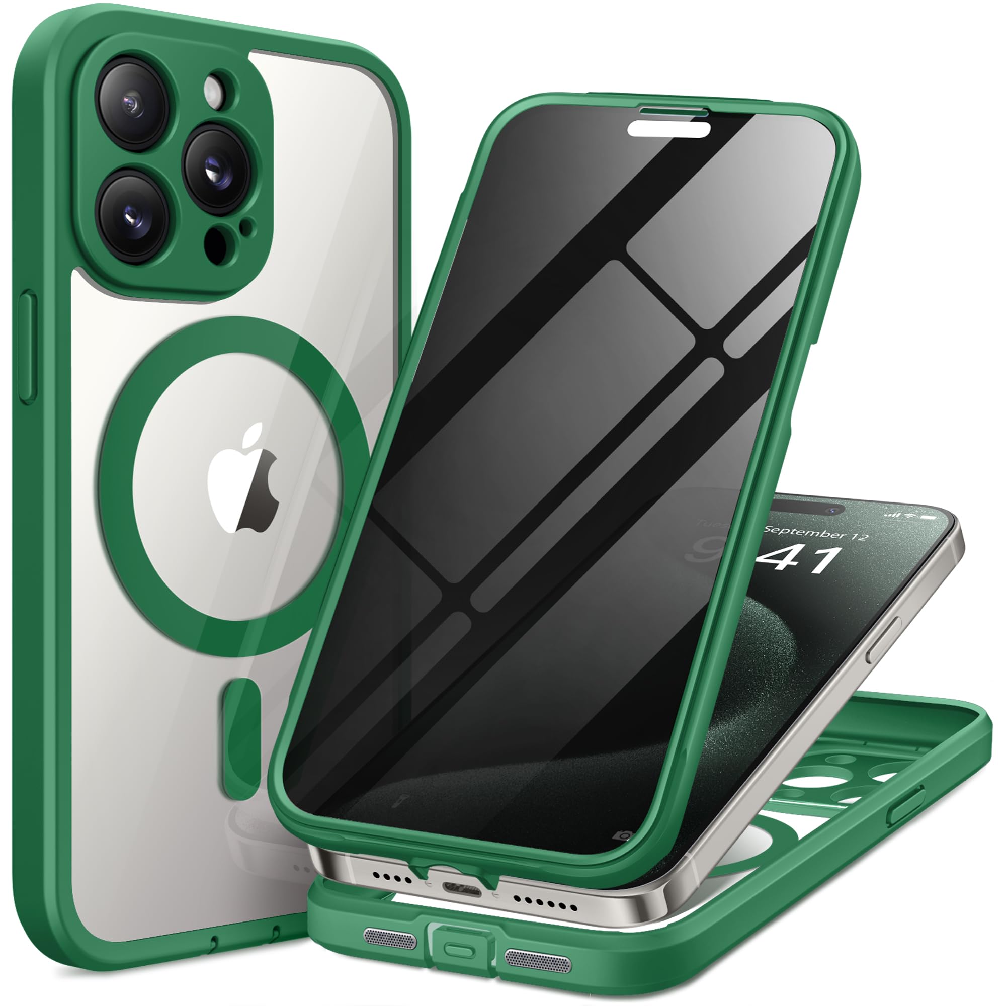 TIESZEN for iPhone 15 Pro Max Case, Compatible with MagSafe, Built-in Privacy Screen Protector and Camera Protection, Anti Spy Full Body Dustproof Shockproof Hard Phone Case 6.7", Green — image 1