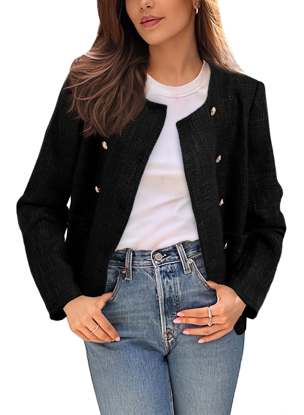 Photo 1 of (BAGGED) (MEDIUM) Happy Sailed Cropped Blazer for Women Classic Double Breasted Tweed Blazer Jackets Open Front Cardigan Bussiness Casual Office Blazers Spring Outfits for Work Black Medium