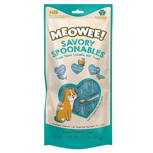 MEOWEE! SAVORY SPOONABLES WITH REAL TUNA, CHICKEN & DUCK, 4 COUNT TUBE, TRIPLE FLAVOR SQUEEZABLE LICKABLE WET TREATS FOR CATS WITH BUILT-IN SPOON FOR LESS MESS