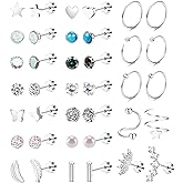 Staligue 21 Pairs Surgical Steel Flat Back Earrings Set for Women Men Hypoallergenic 20G Stainless Steel Stud and Hoops Earrings for Sensitive Ears Small Cz Heart Star Moon Opal Cartilage Earrings