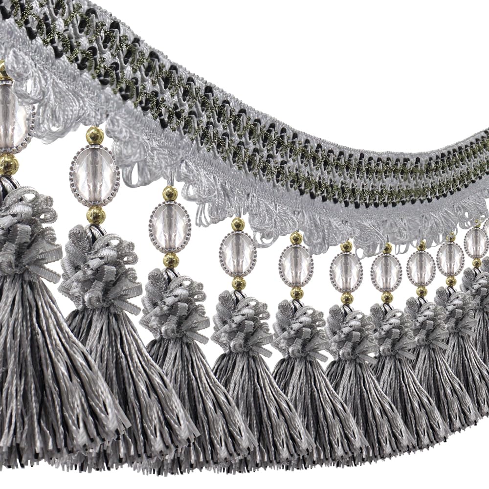 3yards Pom Pom Curtain Fringe Trim Beads Ball Tassel Trimming Sewing Ribbon Upholstery Fabric (Grey)