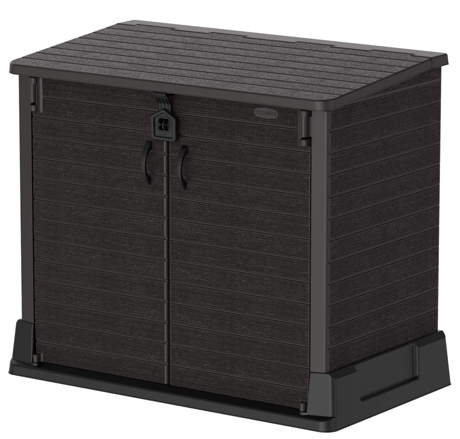 Duramax Cedargrain StoreAway 850L Plastic Garden Storage Shed - Outdoor Storage Shed, Wheelie bin box, Durable Construction, Ideal for Tools, BBQs & 2x 120L Garbage Bins, 130x74x110 cm, Dark Brown