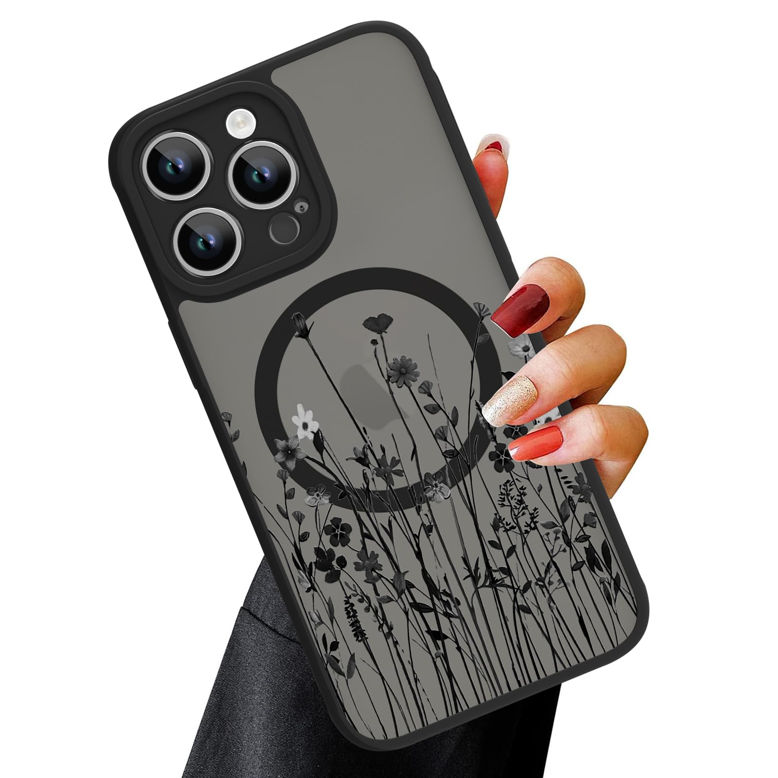 OOK Magnetic Case for iPhone 15 Pro Max (6.7") with Screen Protector, Cute Floral Design for Women & Girls, [MagSafe Compatible] Slim Translucent Matte Black Cover, Camera Protection, Chic & Stylish