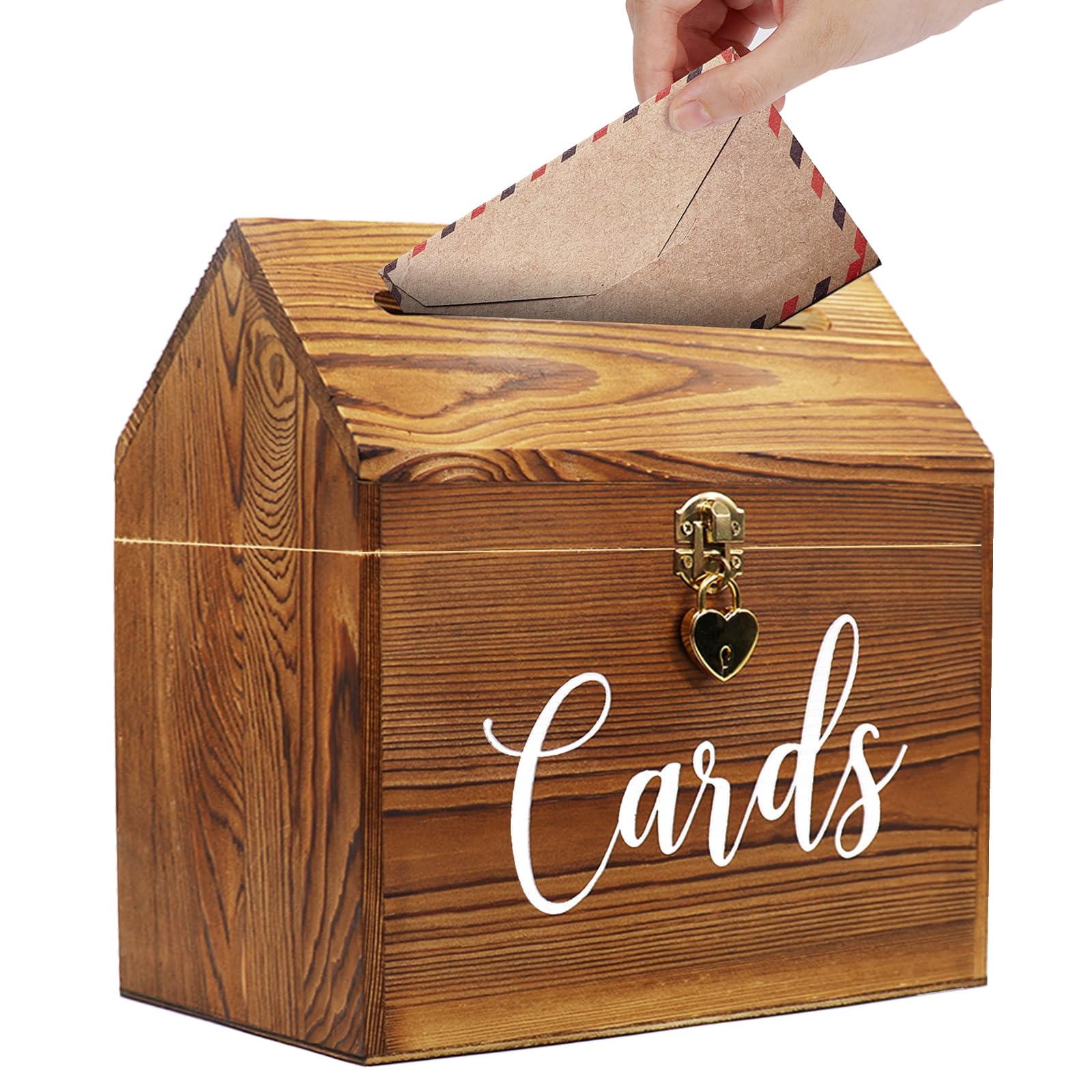 Prounion Wedding Card Box for Reception, Vintage Large Wedding Gift Card Holder Box with Heart Lock, Big Card Envelope Holder Box with Lid Wood Card Box for Party