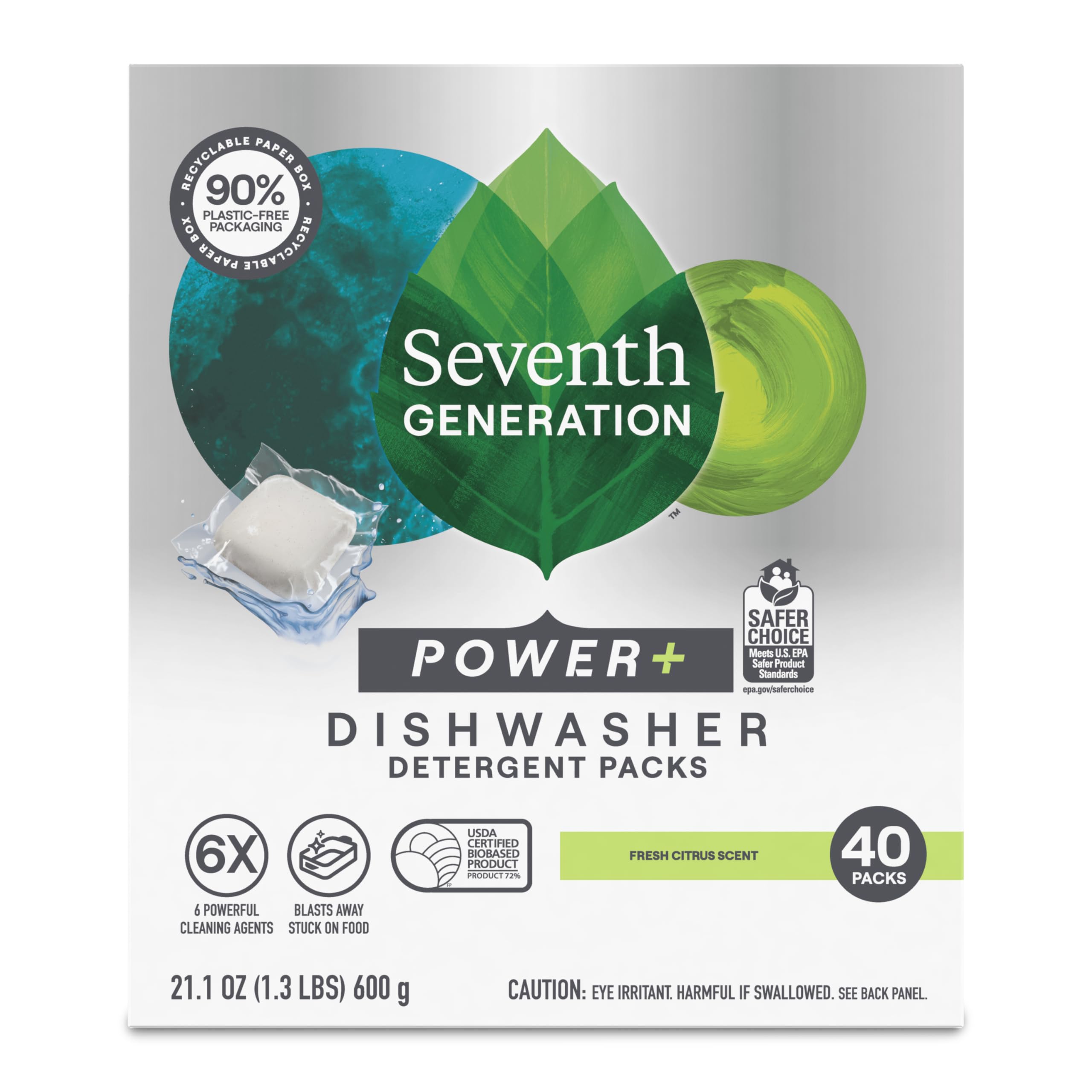 Seventh Generation Power Plus Dishwasher Detergent Packs Fresh Citrus scent for sparkling dishes Dishwasher tabs 40 count
