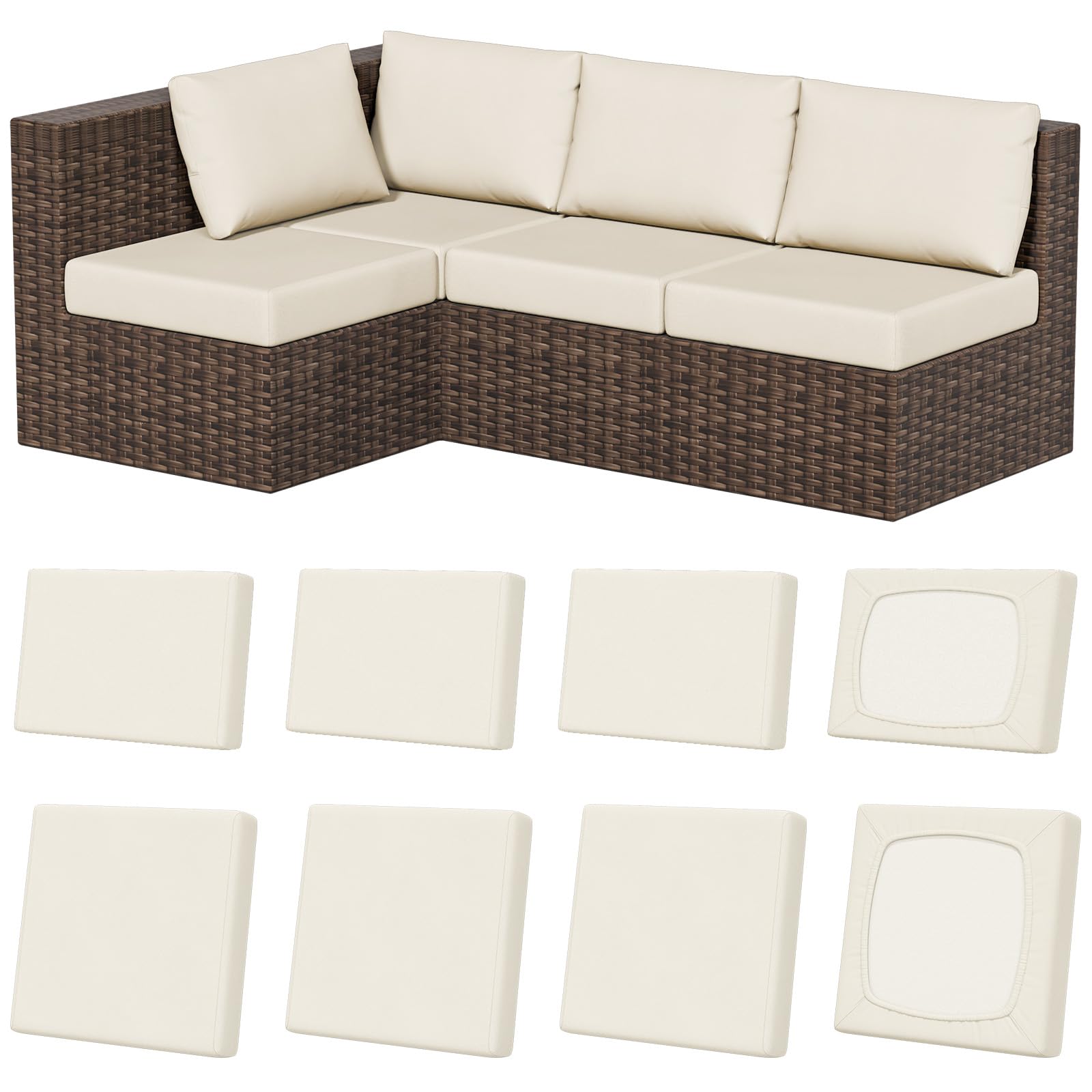 Photo 1 of (PARTIAL SET) (COVERS ONLY) (USED/FAIR) 8Pcs Stretch Patio Cushion Covers, Outdoor Couch & Sofa Replacement Slipcovers for Patio Furniture Cushion Covers, Washable Reusable Furniture Protector, Square-Large + Rectangle, Beige