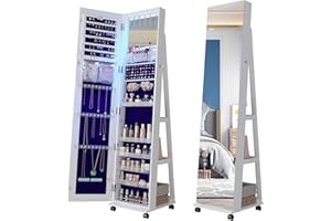 Lvifur 360° Rotating 64'' Jewelry Armoire with 6 LEDS, Full Length Mirror Large Capacity Jewelry Organizer Armoire, Lockable Floor Standing Mirror with 4 rollers for Bedroom, Cloakroom