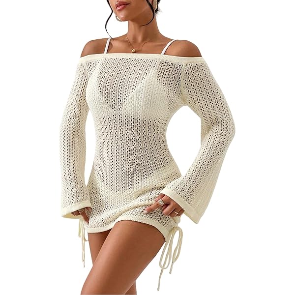 thumbnail image 2 of Women's Crochet Swimsuit Cover Up - Hollow Out Bell Sleeve Beach Dress With Drawstring 2 of 13