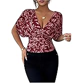 Floerns Women's Floral Dolman Sleeve Boho Tops Deep V Neck Ruched Vacation Blouse Tops