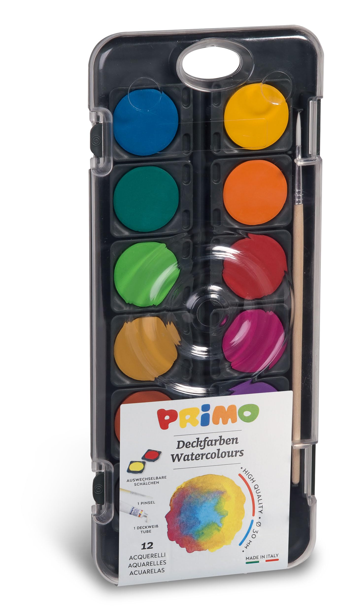 Primo 138A12NDM 12 Paint Box with Removable Water Paints Brushes/Watercolour Paints/Drawing Box for Children, Crafts and Playing - Multicolour