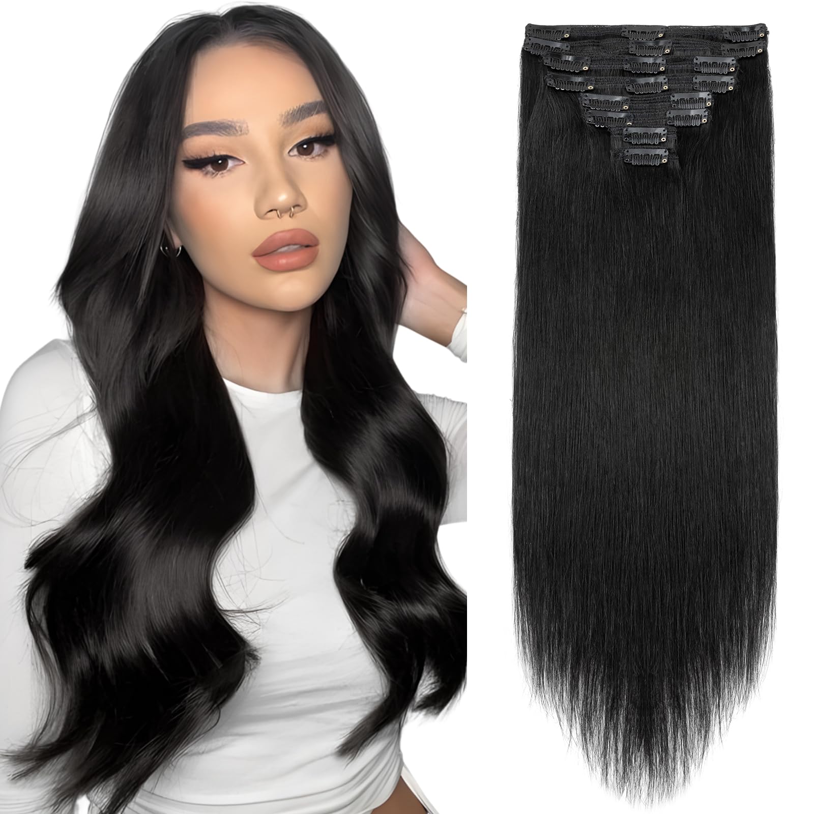 Elailite Clip in Hair Extensions Real Human Hair Double Weft Thick Remy Natural Hair - 8 Pieces Full Head Straight - #1 Jet Black - 20 Inch (150 g) — image 1