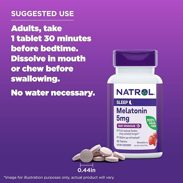 NATROL FAST DISSOLVE MELATONIN 5 MG, MELATONIN SUPPLEMENTS FOR RESTFUL SLEEP, SLEEP SUPPORT FOR ADULTS, 30 STRAWBERRY-FLAVORED TABLETS, UP TO A 30 DAY SUPPLY