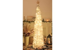 SINTENILL 6 FT Pop Up Christmas Tree with 100 LED Timer Lights & Remote, White Collapsible Christmas Tinsel Tree Artificial P