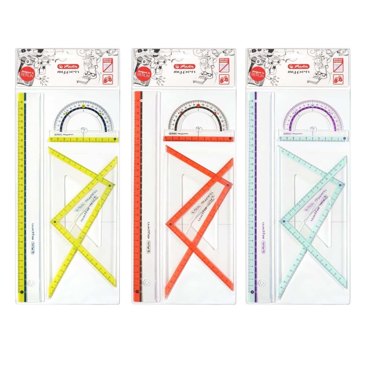 Herlitz My.Pen 4-Piece Geometry Set 2X Set Squares 1x Ruler 30 cm and 1x Protractor 10 cm