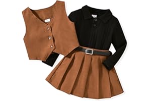 HINTINA Toddler Little Girl Sleeveless Button Vest Ribbed Long Sleeve Collar Top And Pleated Skirt With Belt