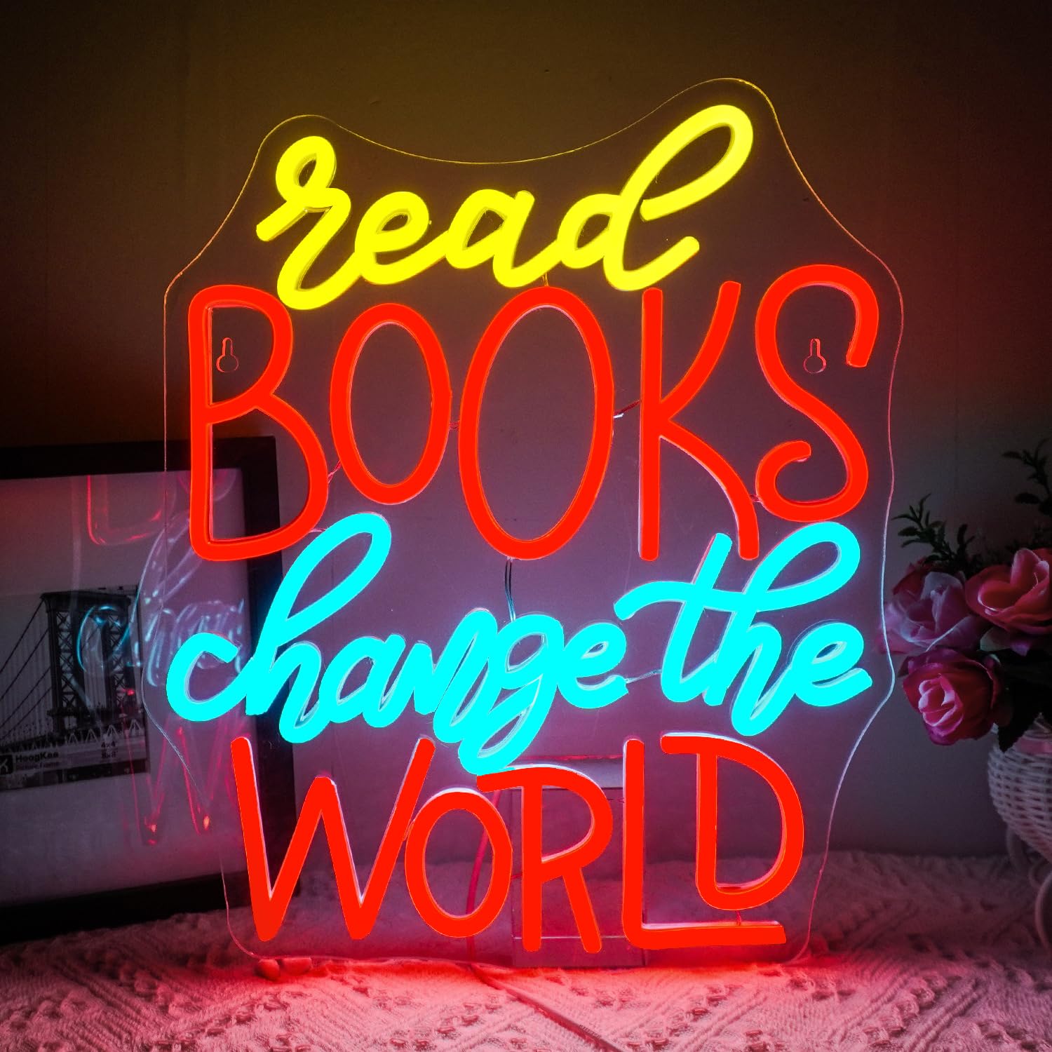 Ineonlife Read Books Change the World Neon Sign, Neon Signs for Wall Decor, Dimmable Letter Led LED Lights for Bedroom, USB Light Up Signs for Reading Room Classroom Study Group Library Decoration