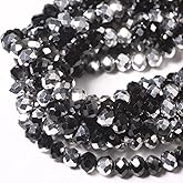 5 Strands 6mm Black Silver Color Half Plated Faceted Rondelle Beads, Songxi Glass Beads for Keychain Making Necklace Earring Jewelry Making for Gemstone DIY Craft Supplies