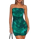 OFEEFAN Summer Dresses for Women 2025 Strapless Ruched Party Club Bodycon Mini Dress