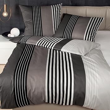 Janine Mako Satin Bettwäsche J.D. 155x220 cm + 80x80 cm schwarz-Taupe aus naturreiner gekämmter Mako Baumwolle