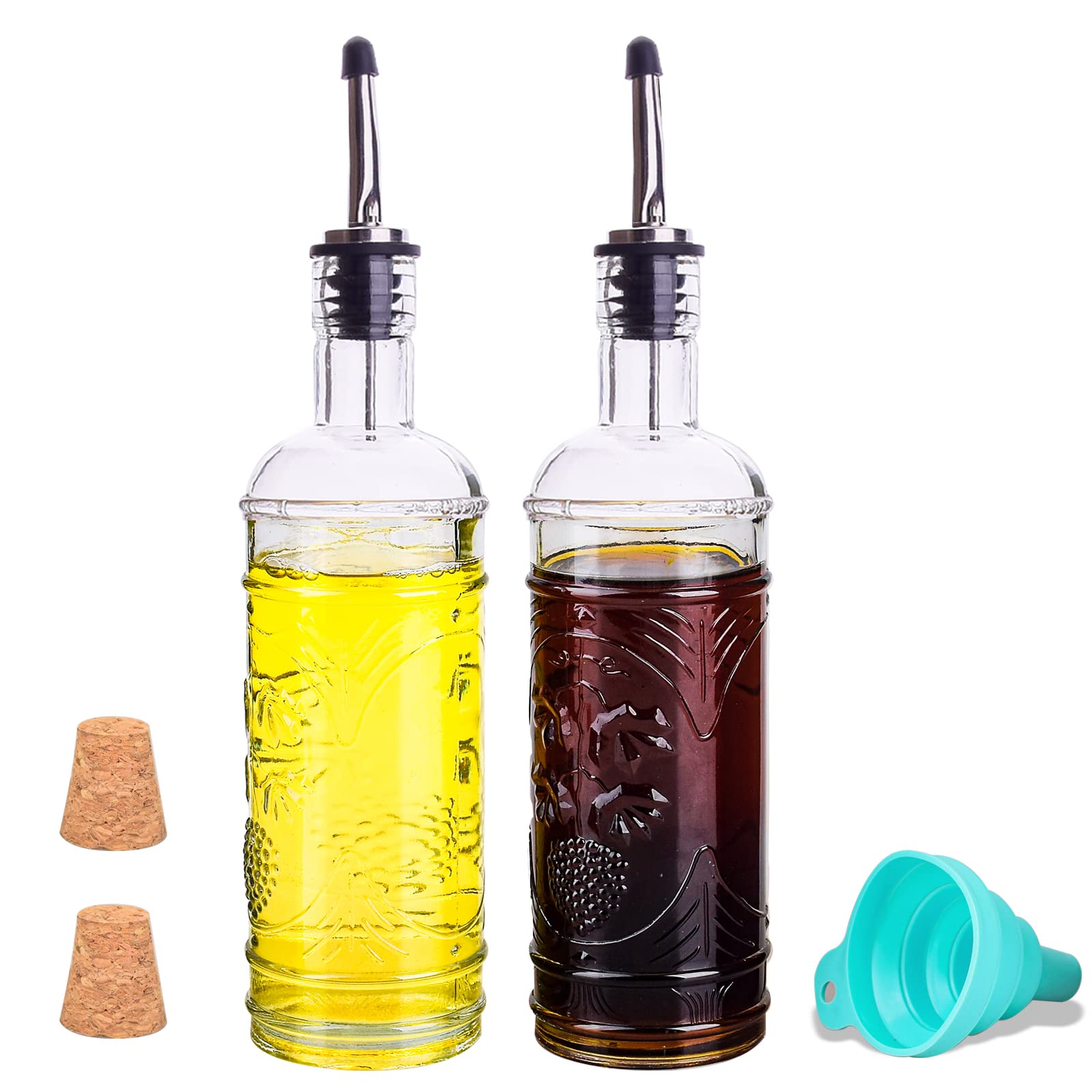 Photo 1 of eleganttime 2 Pack Glass Oil and Vinegar Dispenser Set 16oz, Superior Leakproof Olive Oil Dispenser Bottle Strong with Cork for Kitchen Cooking, with Stainless Steel Spout and Silica Gel Funnel