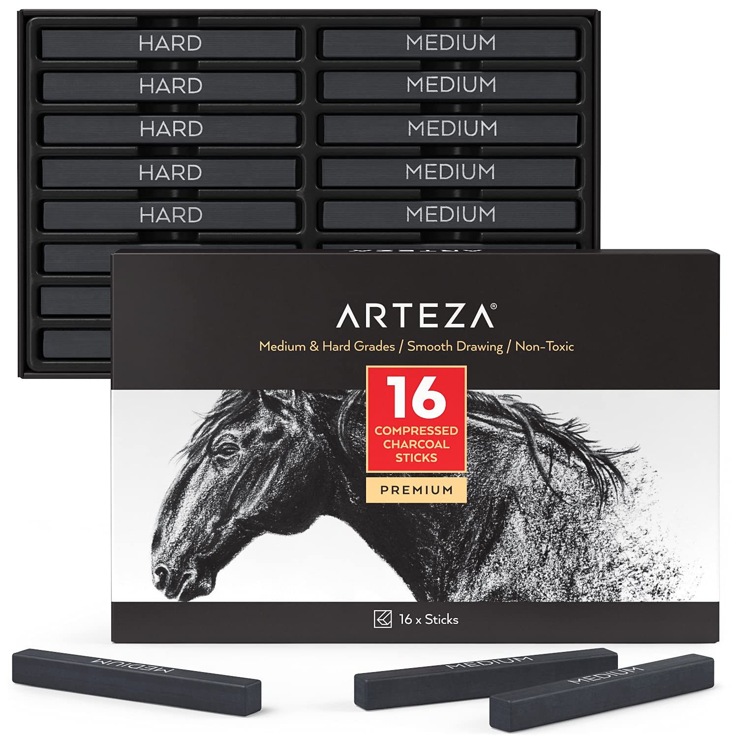 ARTEZA Compressed Charcoal Sticks, Set of 16, Medium and Hard Grade Graphite Sticks, Art Supplies for Drawing and Shading