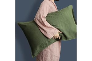 L Linen World Linen Pillow Cases 100% French Natural Linen Pillowcase Set of 2-Stone Washed Moisture-Absorbing Linen Pillow Shams King Size(20''x40''),Olive Green