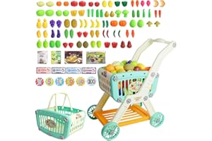 Yeeyuue 150 PCS Kids Shopping Cart Toy, Toddler Shopping Cart with Shop Accessories & Storage Properties, Included Grocery Cart Toy, Pretend Fruit Vegetables (Green)