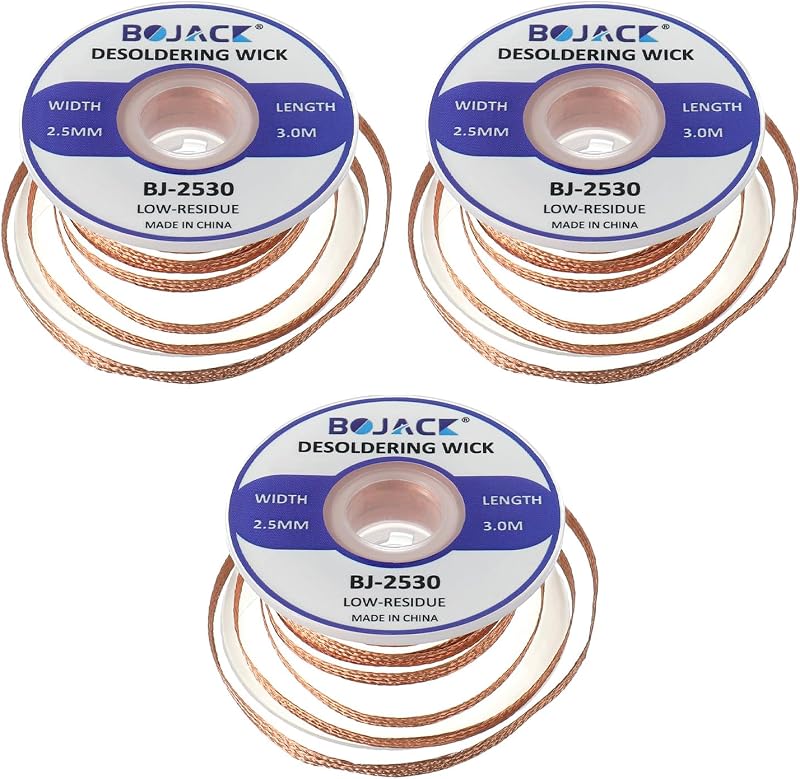 BOJACK Desoldering Braided Wire 2.5MM 3M Pure Copper No-Clean Solder Wick (3pcs)