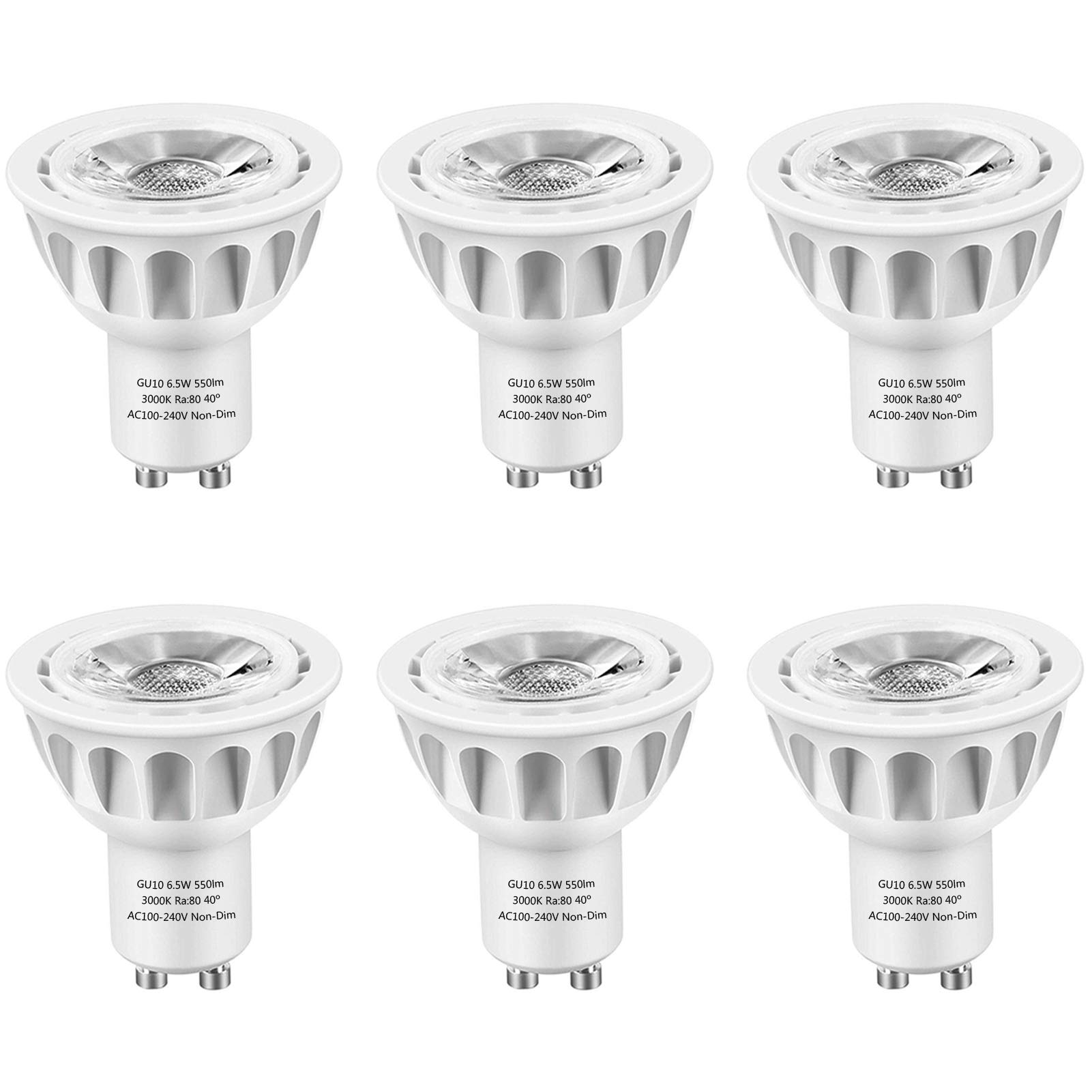 SZGMJIA GU10 LED Bulbs, LEDMEI 6 Pack GU10 Led Light Bulbs, 50W Halogen Bulb Equivalent, 120 Volt, 6.5W 550lm, 3000K Warm White, 40° Beam Angle Spotlight, UL Listed, Non-Dimmable