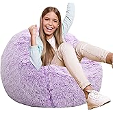 Fluffy Bean Bag Chair for Kids, 2.5FT Round Memory Foam Filled Bean Bag for Teens & Kids, Ultra Soft Faux Fur Fabric Bean Bag Chairs for Playroom, Living Room, Bedroom, Lavender