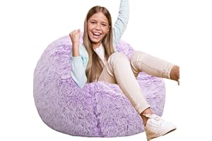 KISOY Fluffy Bean Bag Chair for Kids, 2.5FT Round Memory Foam Filled Bean Bag for Teens & Kids, Ultra Soft Faux Fur Fabric Bean Bag Chairs for Playroom, Living Room, Bedroom, Lavender