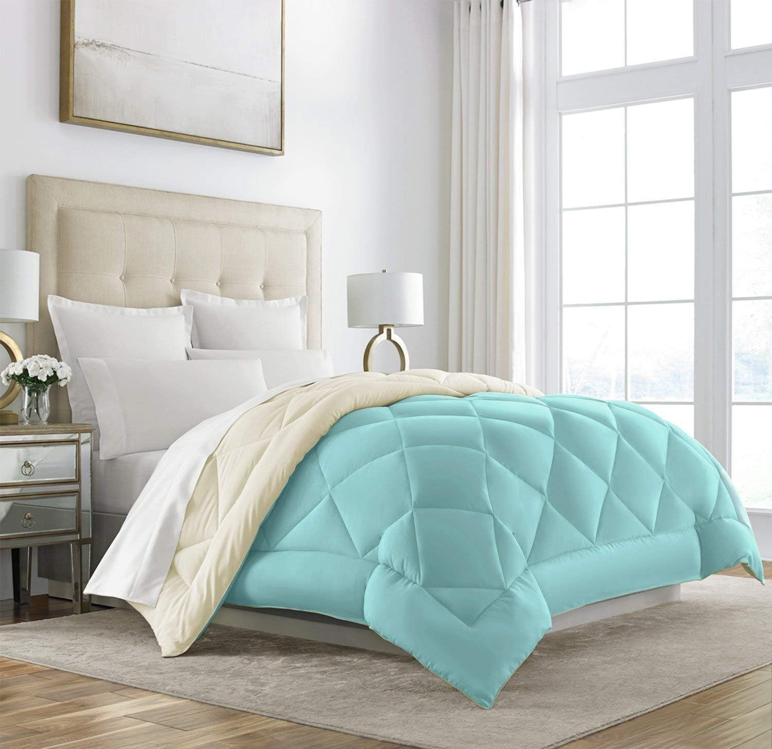Sleep RestorationQueen Size Comforter for Bed - Down Alternative, Heavy, All-Season Luxury, Hotel Bedding, Oversized Reversible Comforters, Aqua/Ivory