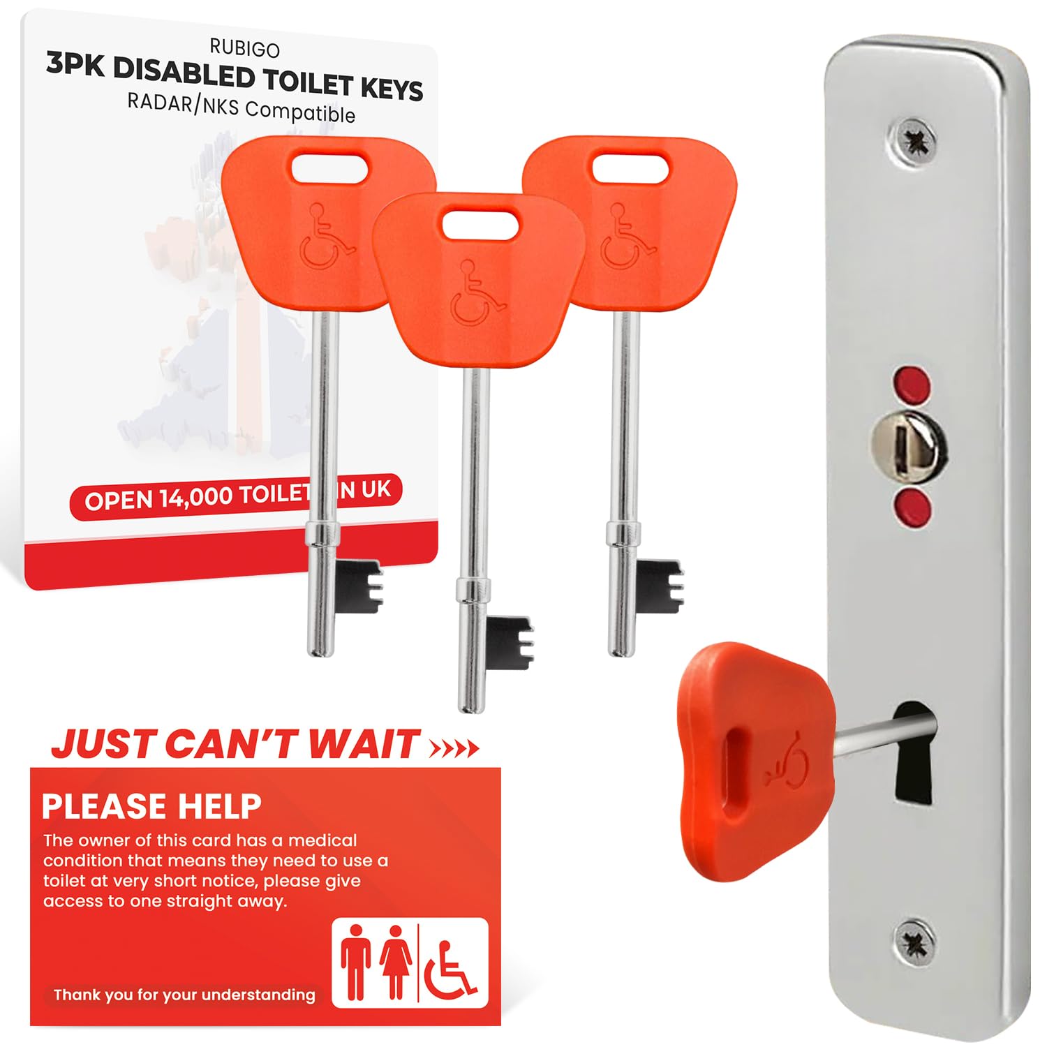 3PK Radar Key for Disabled Toilets UK, Disabled Toilet Keys with 'Just Can't Wait' Card RubiGo (Red)