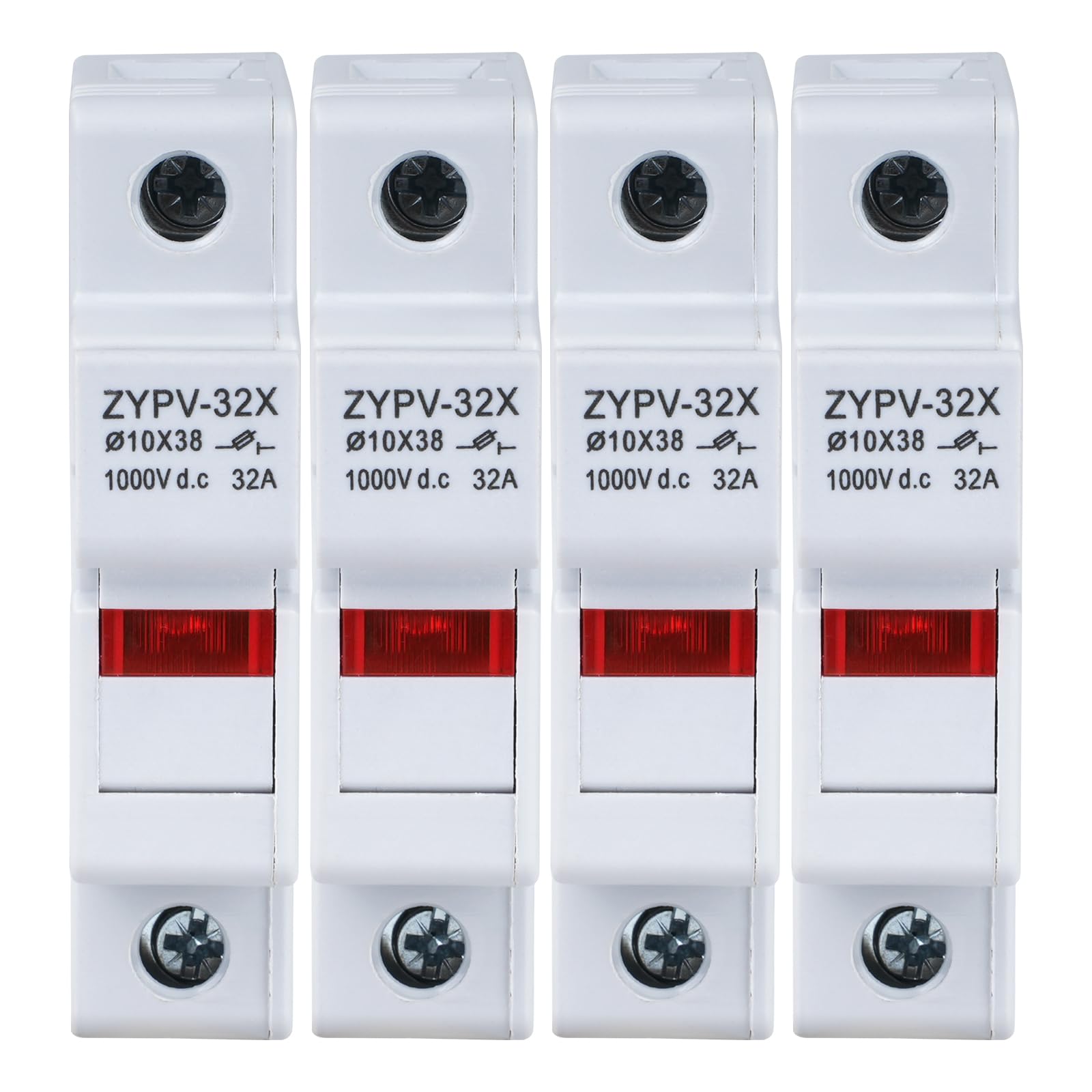 DEWIN Solar PV Fuse Holder, 4pcs Solar/Photovoltaic Fuse Holder 1P 32A Din Rail Mounting Fuse Base 10x38mm with Indicator Light DC 1000V