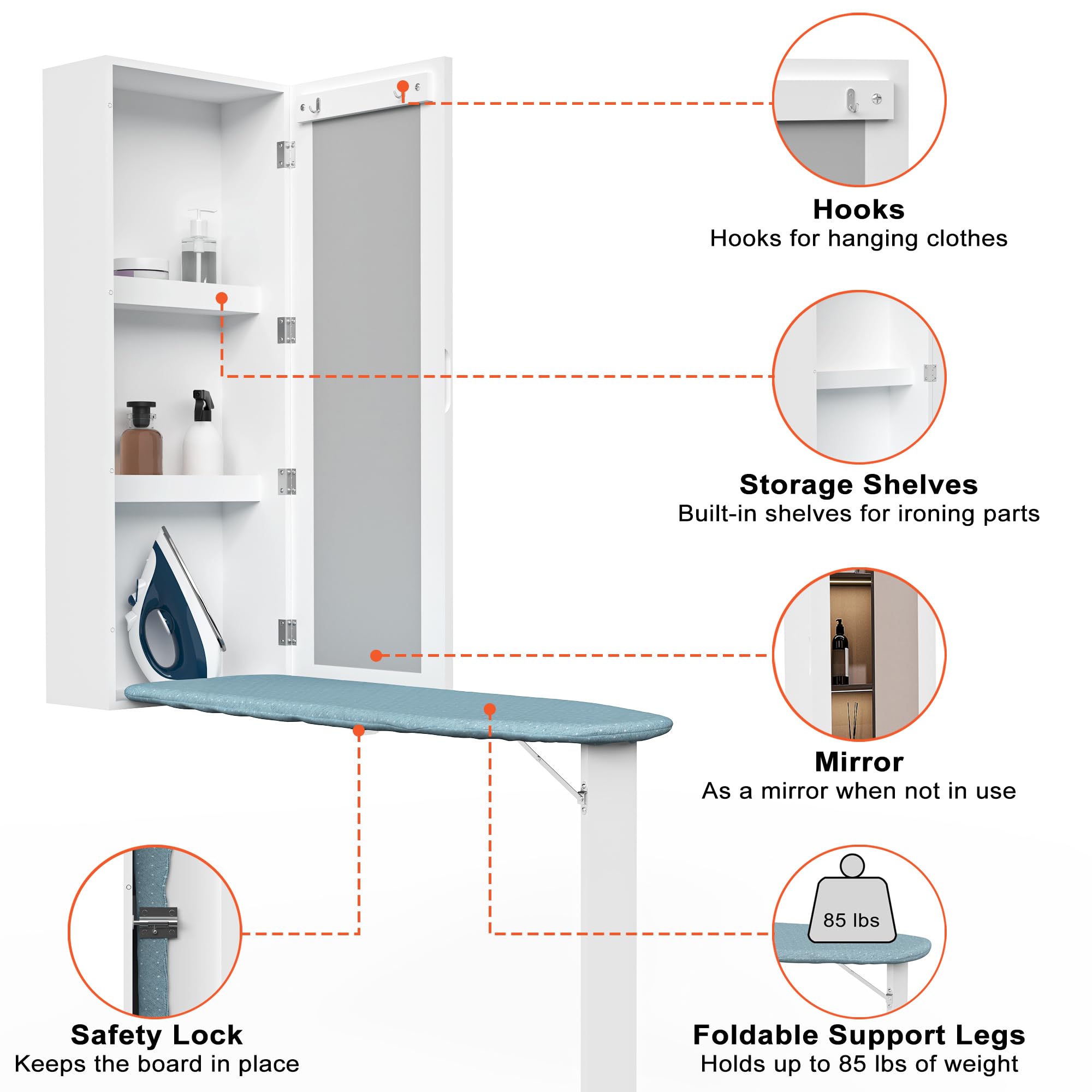 Wall Mounted Ironing Board with Storage Cabinet,Built in Ironing Board & Folding Support Leg, Wall-Mounted Mirrors for Home, Apartment & Small Spaces