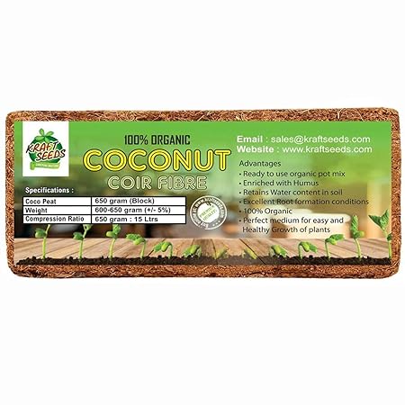 Kraft Seeds! Premium Coconut Coir Pith COCOPEAT 650Grams Brick/Block, Organic Use Expands Upto 10 litres of Coco PEAT Powder Home Garden Manure