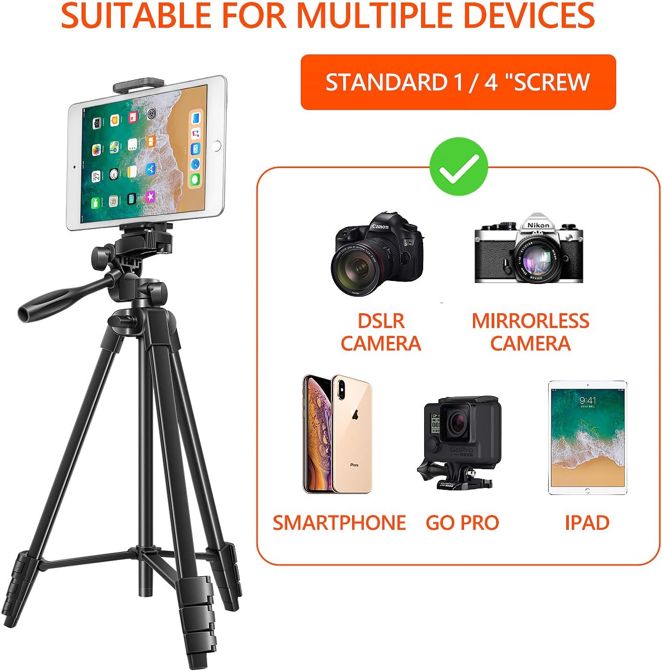 Tripod for Camera, 55 Inch Lightweight Tripod for Phone with 2 in 1 Holder for Tablet and Cellphone Aluminum Alloy 3-Way Head Tripod for DLSR Camera with Carrying Bag and Bluetooth Remote Control : Camera & Photo
