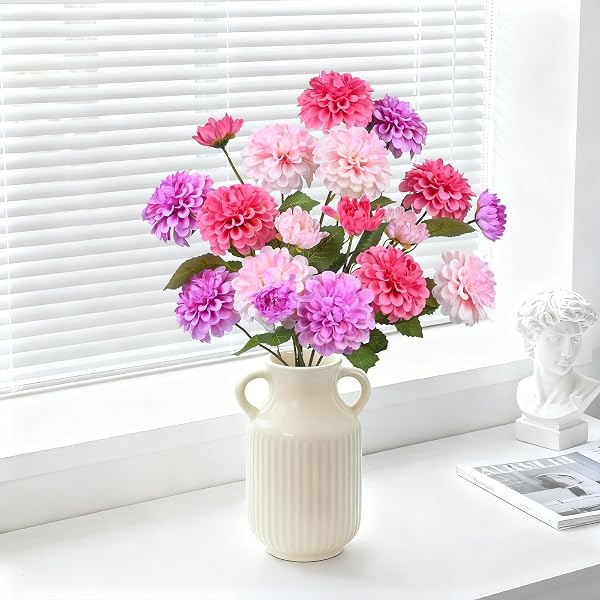 INXUGAO ARTIFICIAL FLOWERS FOR VASE,6 BUNCHES FAKE 27.5“ LONG STEMS SILK POMPON DAHLIA FOR INDOOR OUTDOORS HOME DECOR, FRONT DOOR PORCHES YARD PATIO GARDEN PLANTERS – [2 PURPLE + 2 ROSE RED + 2 PINK]