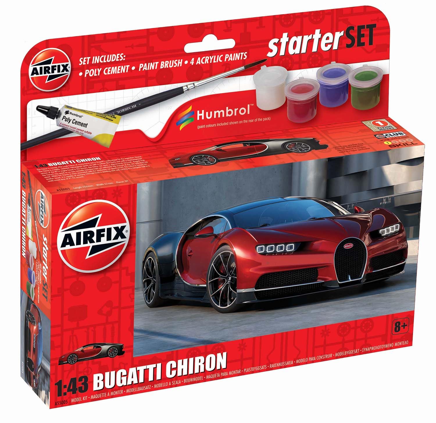 AIRFIX - Starter Set - A55005 Bugatti Chiron Model Building Kit - Plastic Model Car Kits for Adults & Children 8+, Set Includes Decals, Humbrol Acrylic Paints, Brush & Poly Cement