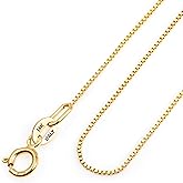 Amberta Real Italian Yellow 14K Gold Necklaces for Women Men | Super Thin Dainty & Sturdy Box Curb Singapore Solid Chain Delicate Choker 16/18/20 inch