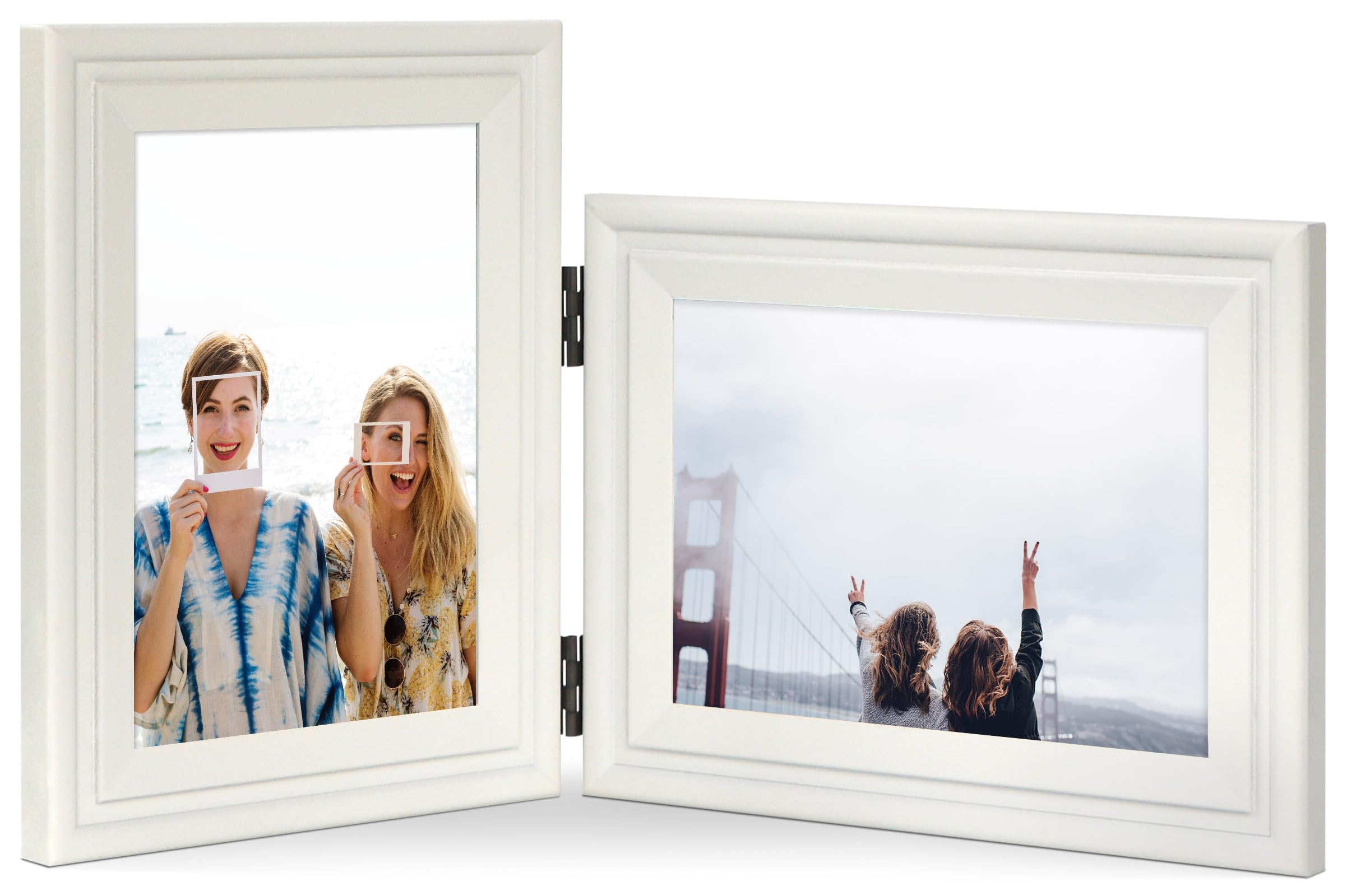 JD Concept Vertical Horizontal Combo, Double 7x5 (13 x 18 cm) White Wood Hinged Photo Picture Frame, Desktop or Wall Mounted, Portrait and Landscape View
