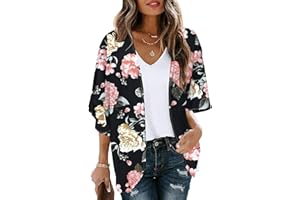 Chunoy Women Floral Print Lightweight Chiffon Kimono Cardigan Short Sleeve Loose Beach Wear Cover Up Blouse Top