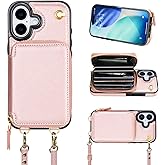 Bocasal Crossbody Wallet Case for iPhone 17, RFID Blocking Leather Purse Case with Card Holder, Protective Handbag Flip Cover with Zipper Wrist Strap Lanyard for Women 5G 6.3 Inch (Rose Gold)