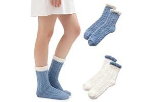 2 Pairs White & Blue Coral Fleece Socks, Extra Thick Thermal Sleeping Socks for Women, Cozy Non-Slip House Slipper Socks