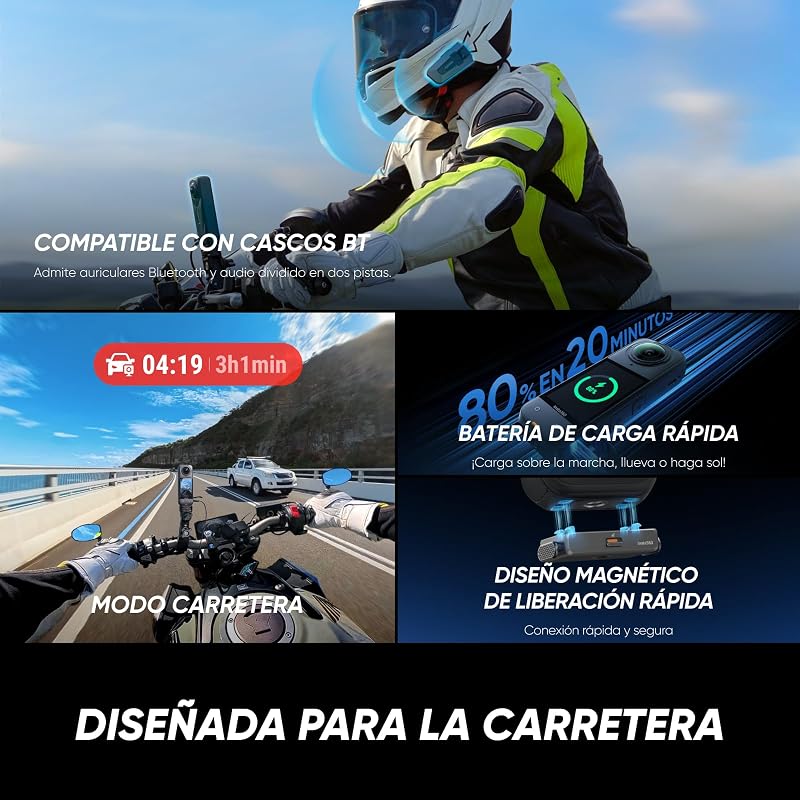 X5 Paquete Motero - Cámara 8K 360° Impermeable, Lente Dura y reemplazable, batería de 3 Horas, Audio Claro, estabilización, Efecto Selfie Stick Invisible, líder con Poca luz