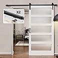 42 x 84 inch Sliding Barn Door with 7FT Hardware Kit Included & Handle, Pre-Drilled Easy Assembly, Water-Resistant Scratch-Resistant Barn Door with Glass for Washroom, Bedroom, Bathroom