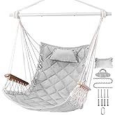 ROOITY Hammock Chair Hanging Swing with Wooden Armrests;Steel Spreader Bar,Pillows,Hardware kit Included;Cotton Woven Fabric;Up to 350 Lbs,for Indoor Light Grey