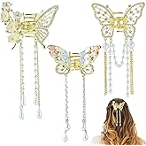 QXUJI 3PCS Butterfly Hair Claw Clip With Pearl and Rhinestone Tassel, Metal Small Hair Clips, Cute Hair Styling Accessories for Women and Girls, Gold