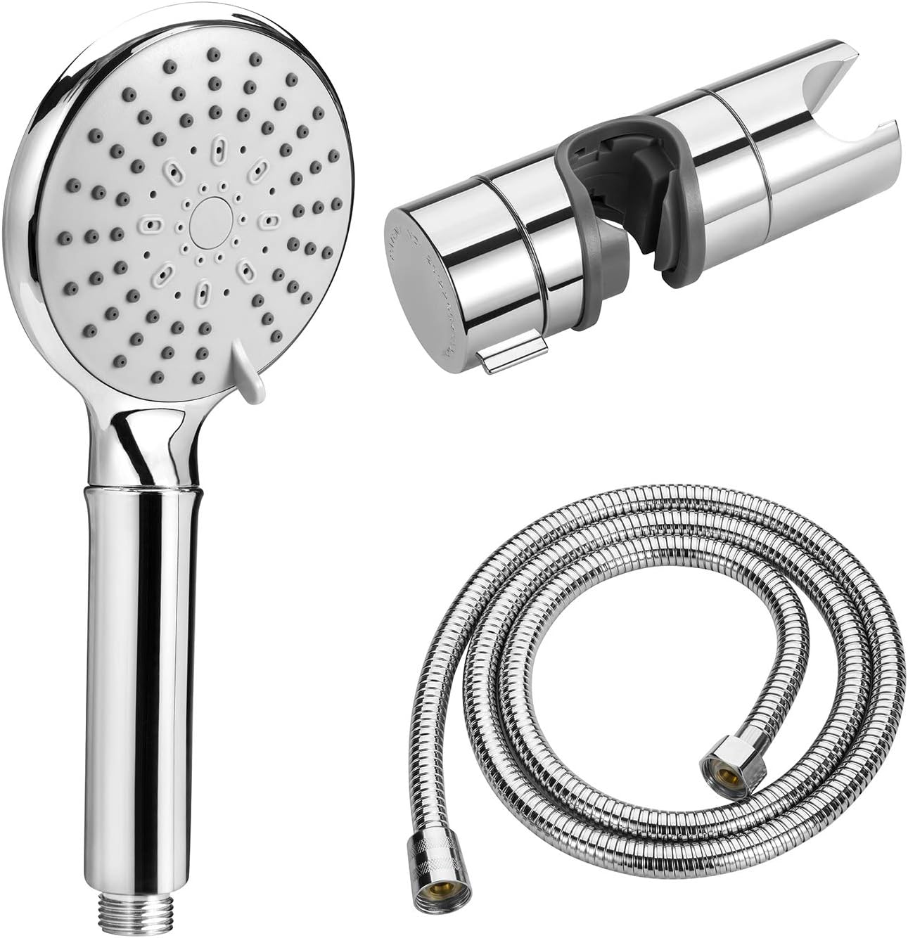 Shower Head with Hose and Showerhead Holder Bracket, Qiwode Fixed Handheld Shower Universal Fitting with Adjustable 5 Sprays Modes for Slide Bar Adjustable 18-25MM O.D, Chrome Plated